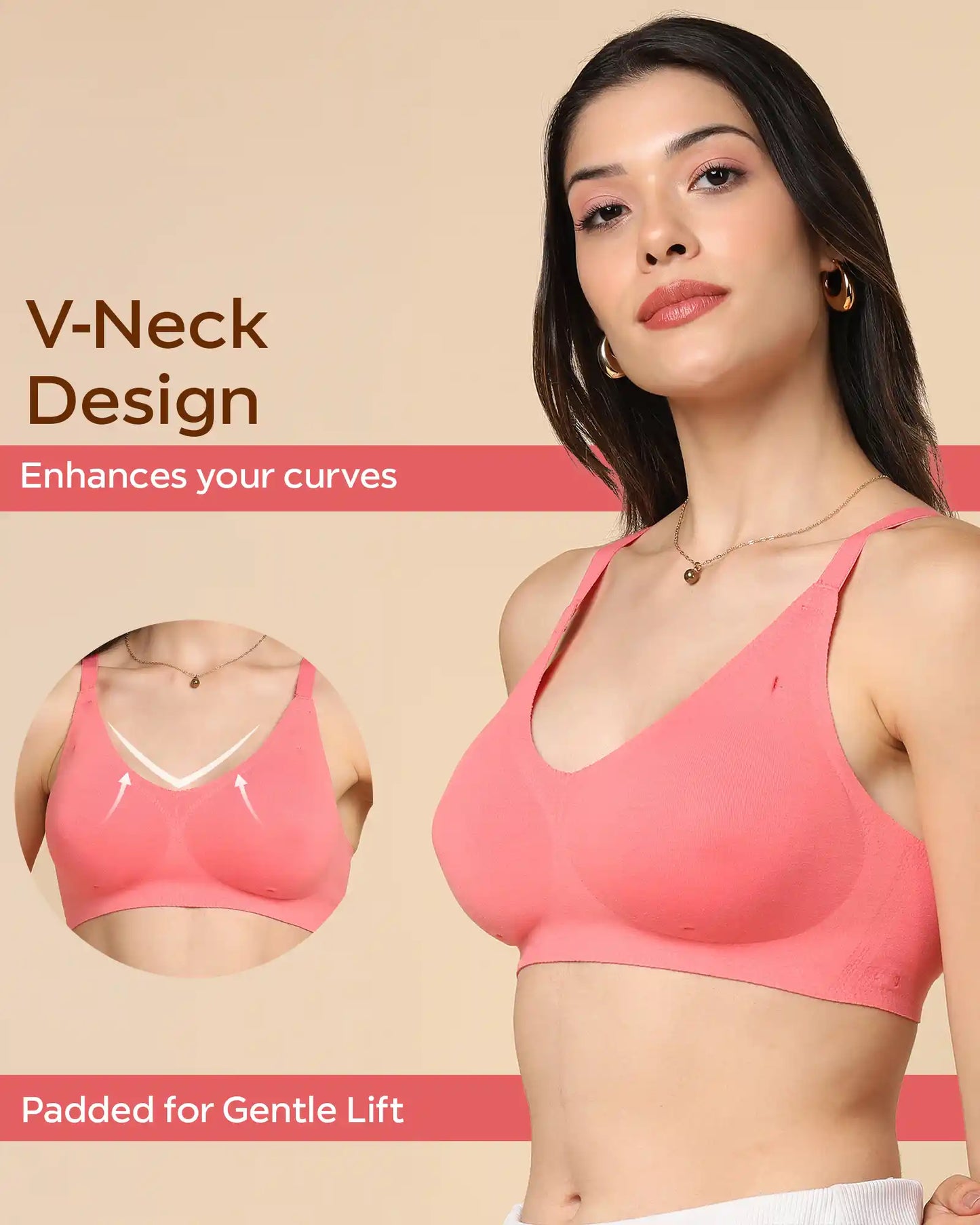 Lightly-Padded Cotton Spandex Fit Bra (CORAL)