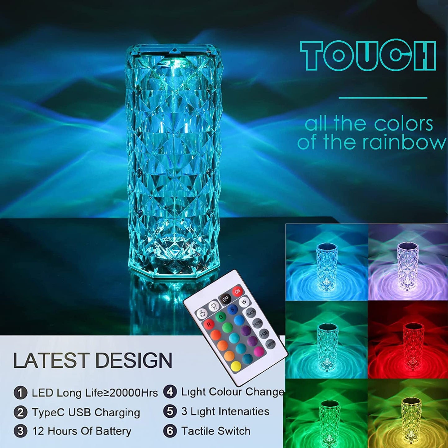 Crystal Table Lamp, 16 Colors Changing Rose Table Lamp, Touch Remote Control