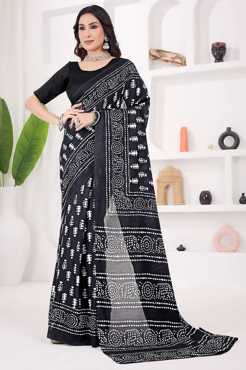 Pretty 1 Minute Ready To Wear Black Mul Cotton Digital Printed Saree With Pocket