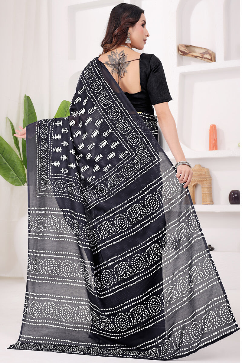 Pretty 1 Minute Ready To Wear Black Mul Cotton Digital Printed Saree With Pocket