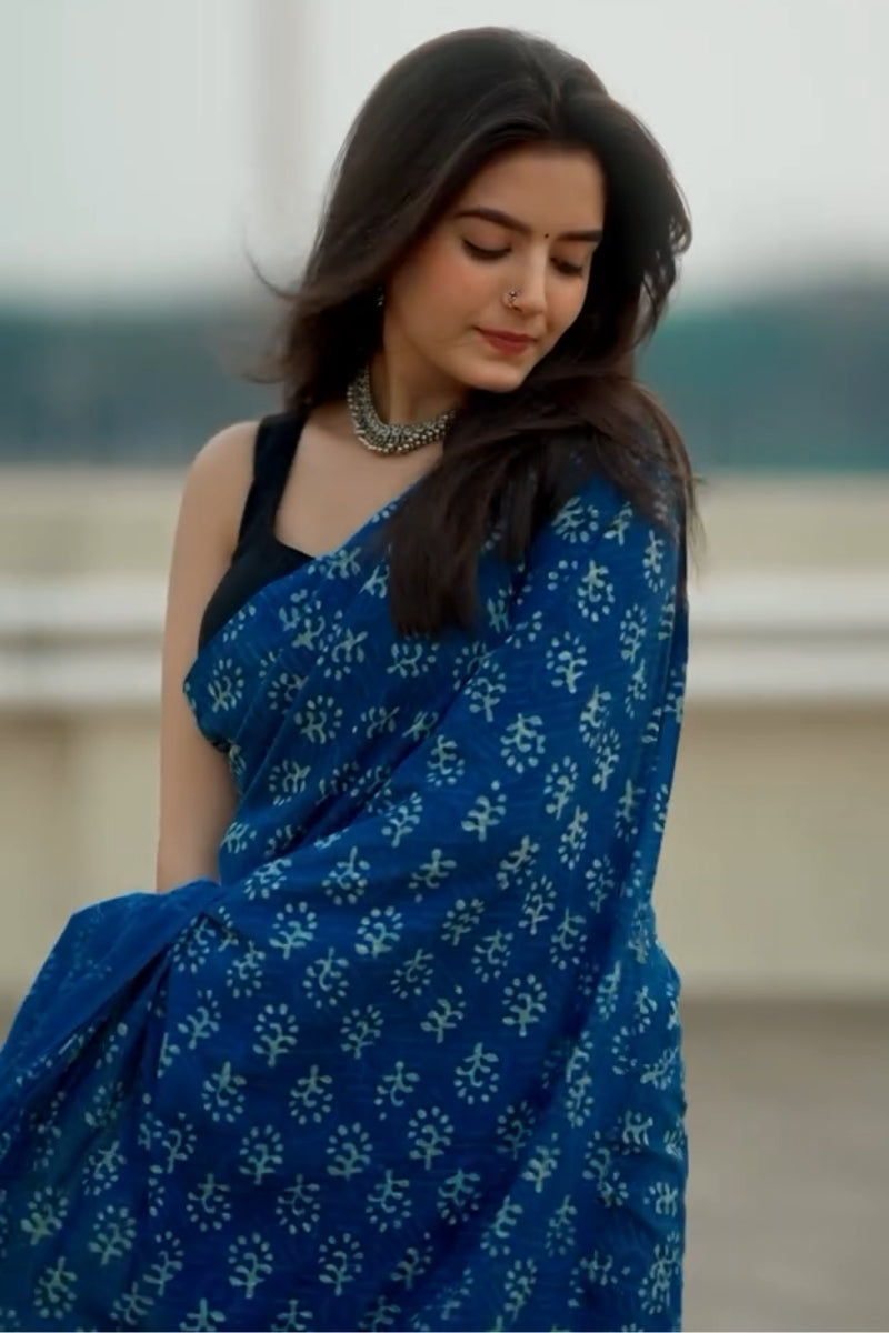 Desiring 1 Minute Ready To Wear Blue Mul Cotton Digital Printed Saree