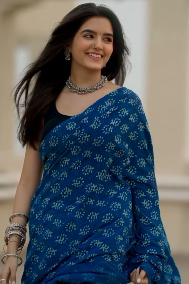 Desiring 1 Minute Ready To Wear Blue Mul Cotton Digital Printed Saree