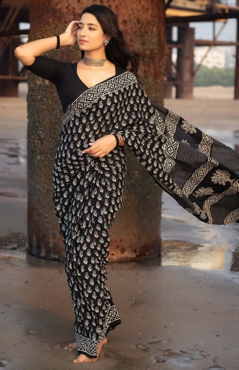 Excellent 1 Minute Ready To Wear Black Mul Cotton Digital Printed Saree