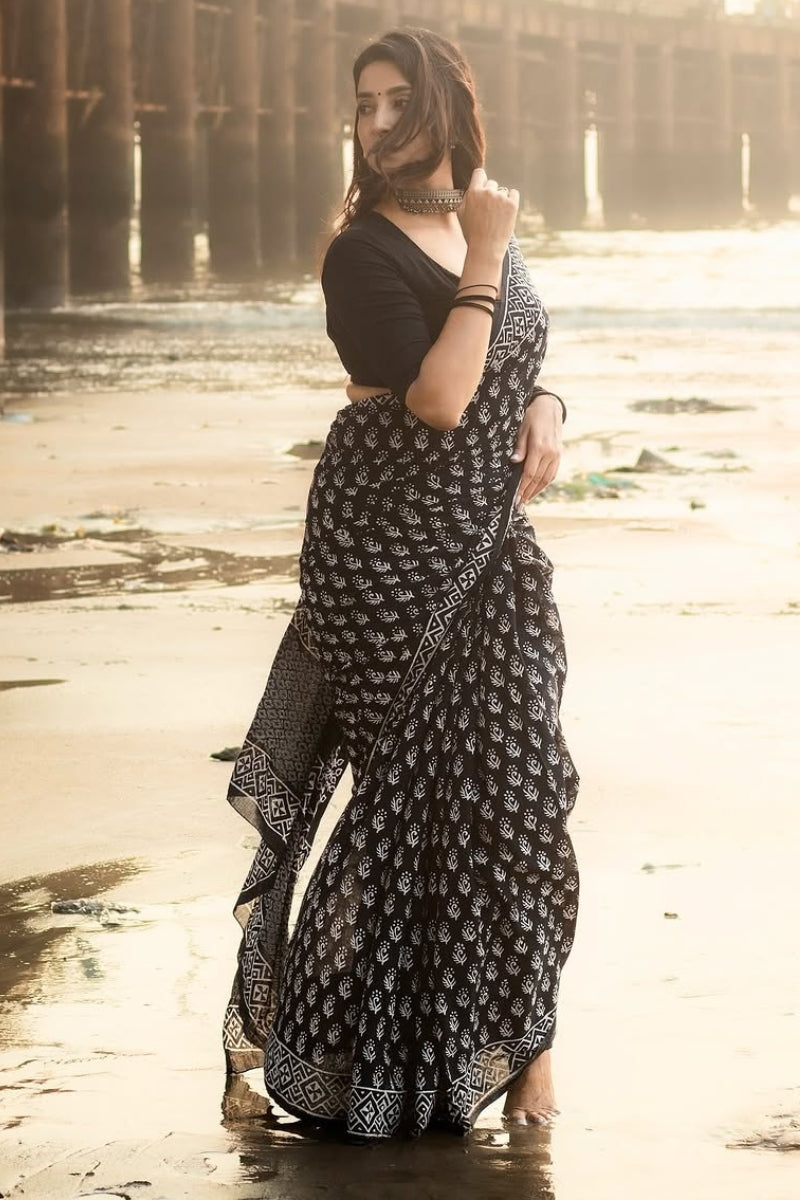 Excellent 1 Minute Ready To Wear Black Mul Cotton Digital Printed Saree