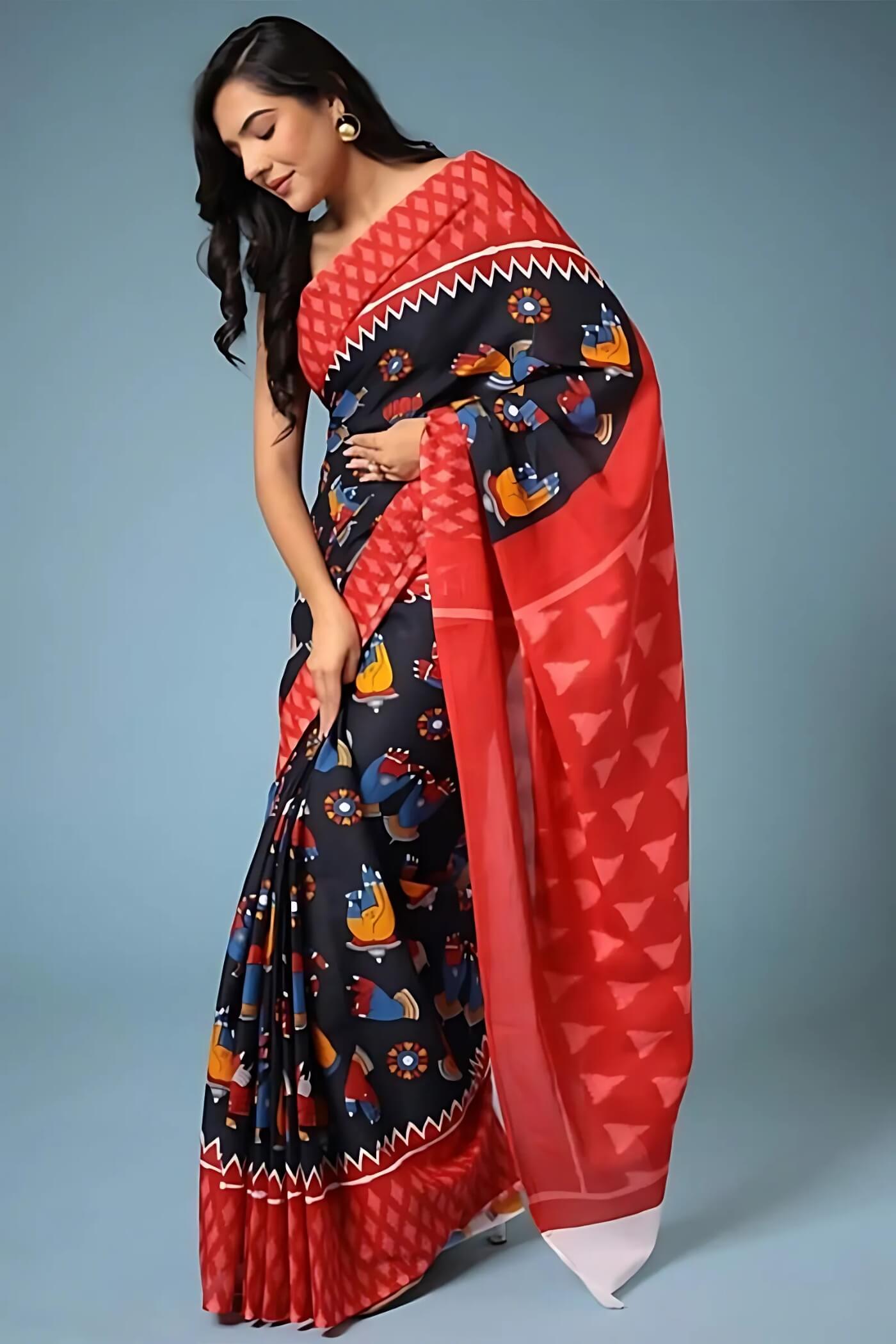Gratifying 1 Minute Ready To Wear Black Mul Cotton Digital Printed Saree