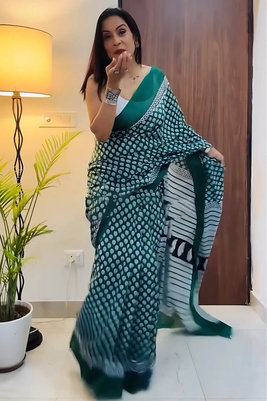 Lustrous 1 Minute Ready To Wear Dark Green Mul Cotton Digital Printed Saree