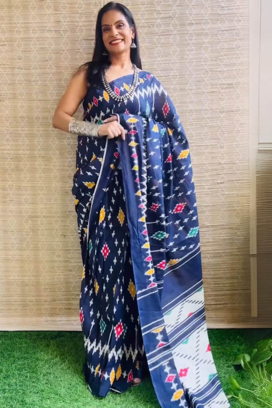 Rhapsody 1 Minute Ready To Wear Navy Blue Mul Cotton Digital Printed Saree