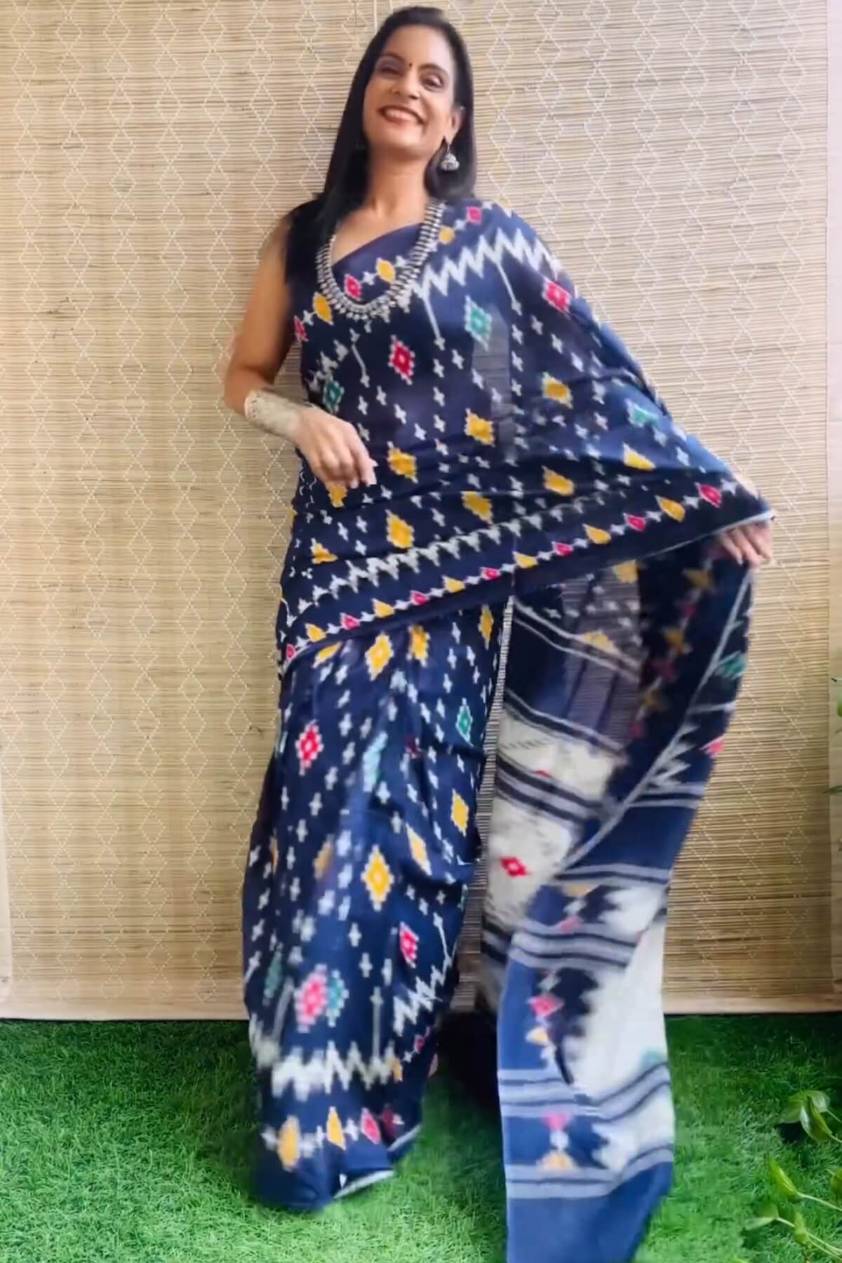 Rhapsody 1 Minute Ready To Wear Navy Blue Mul Cotton Digital Printed Saree