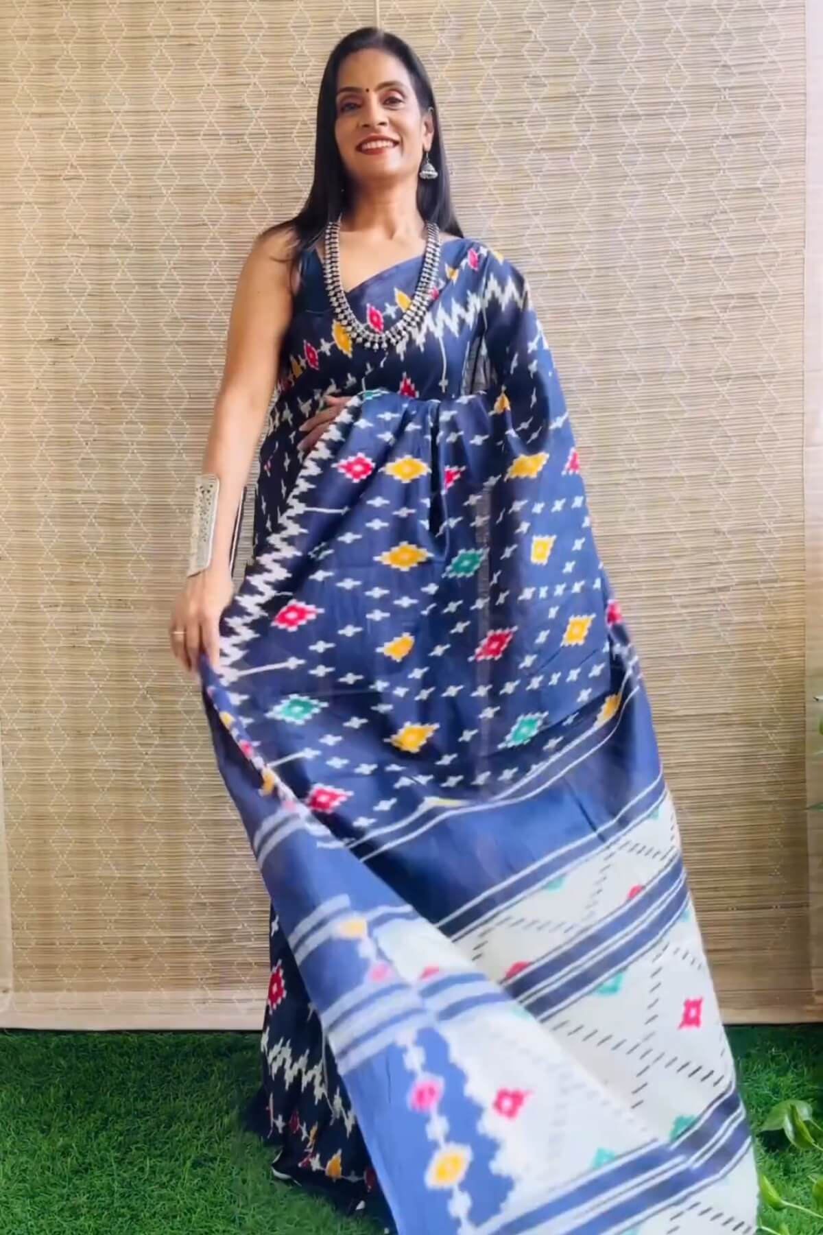 Rhapsody 1 Minute Ready To Wear Navy Blue Mul Cotton Digital Printed Saree