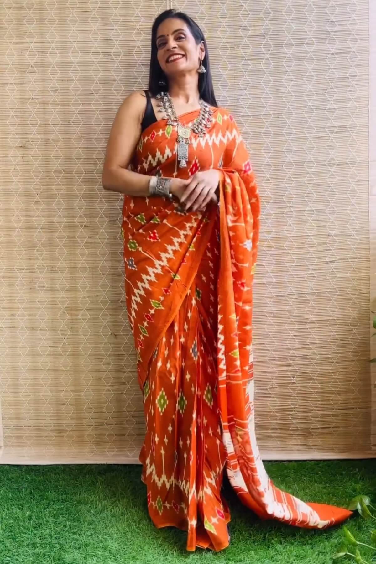 Assemblage 1 Minute Ready To Wear Orange Mul Cotton Digital Printed Saree