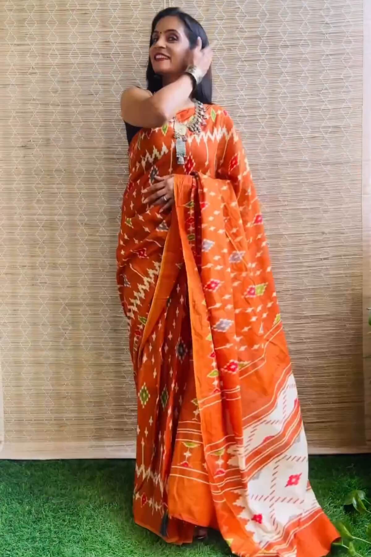 Assemblage 1 Minute Ready To Wear Orange Mul Cotton Digital Printed Saree