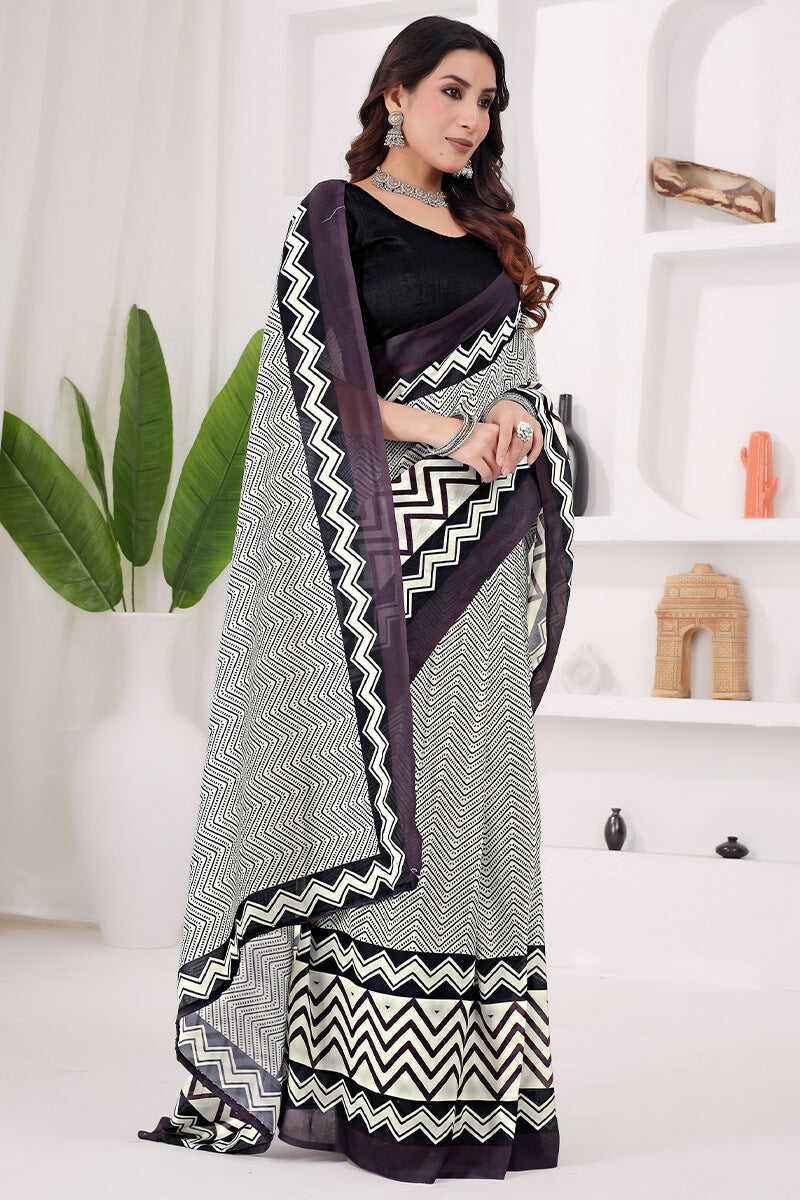 Amazing 1 Minute Ready To Wear Beige Mul Cotton Digital Printed Saree
