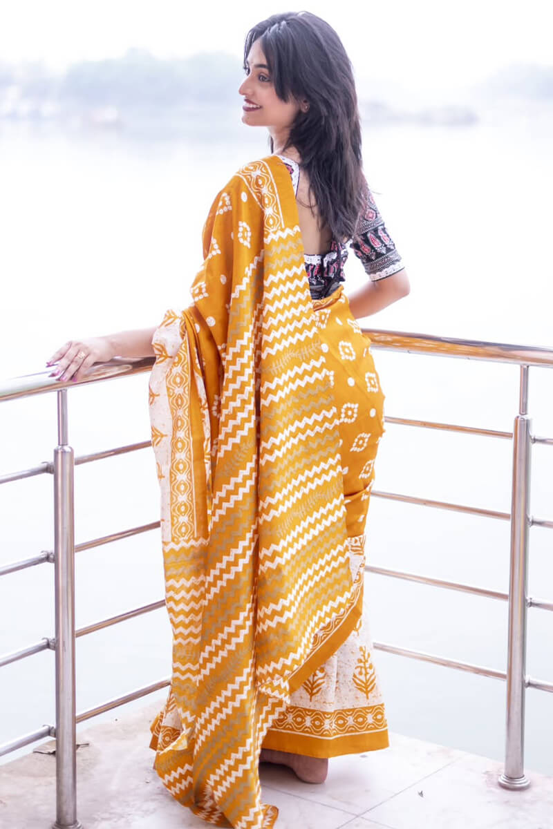 Cynosure 1 Minute Ready To Wear Mustard Mul Cotton Digital Printed Saree