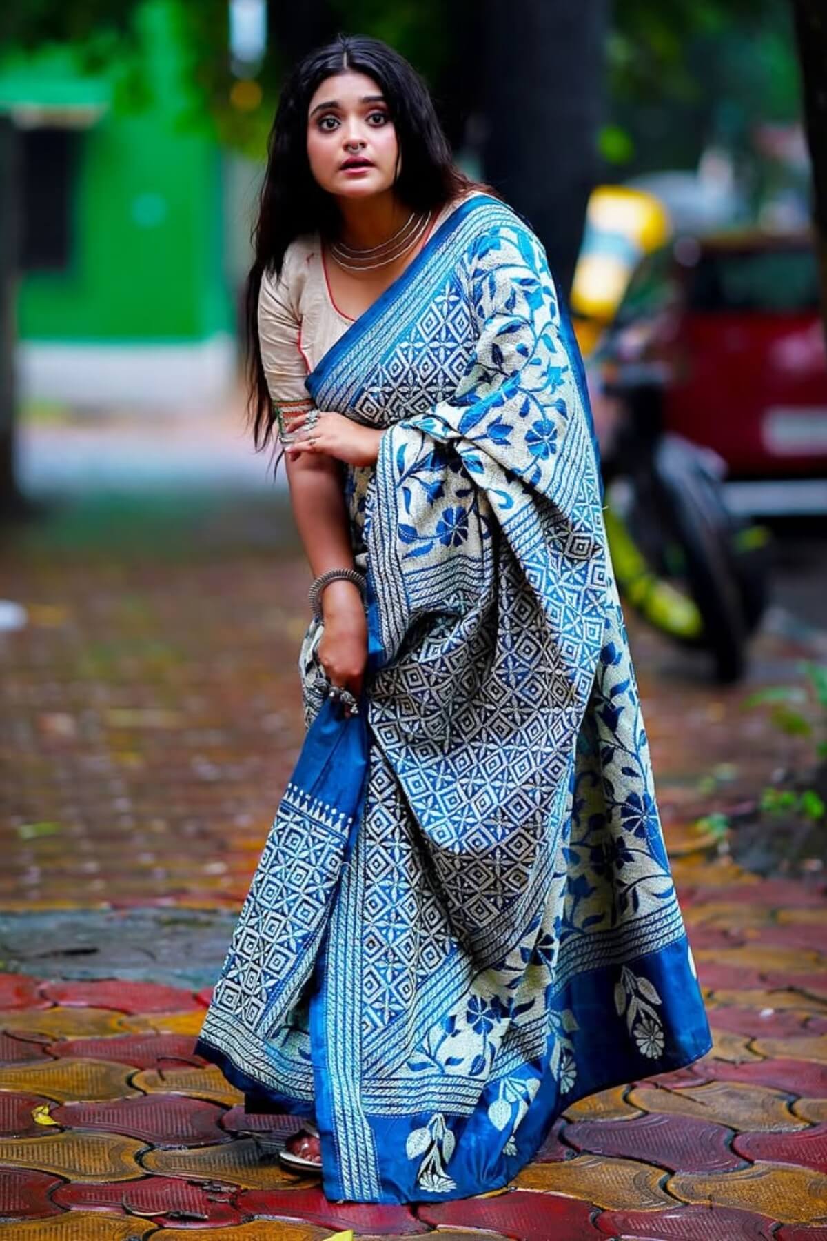 Nemesis 1 Minute Ready To Wear Beige And Blue Mul Cotton Digital Printed Saree