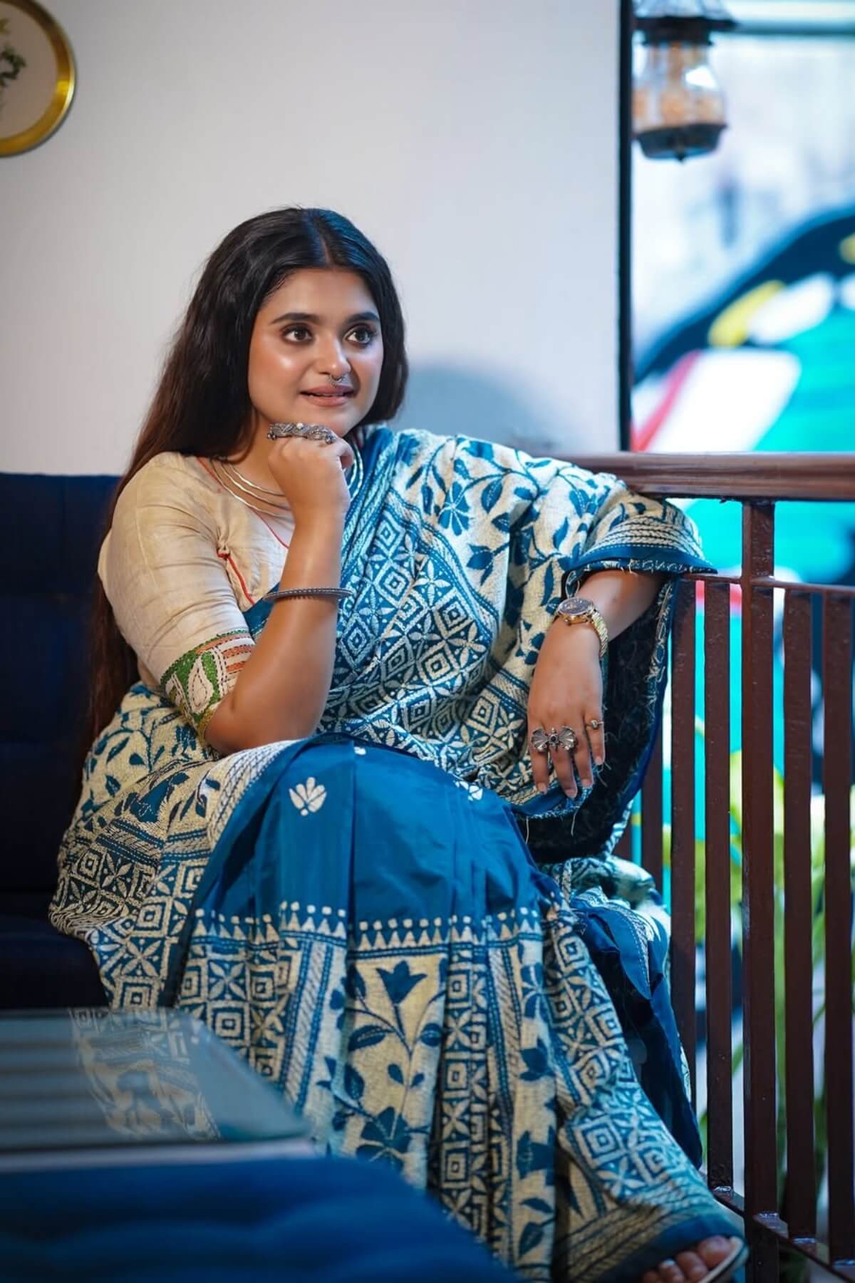 Nemesis 1 Minute Ready To Wear Beige And Blue Mul Cotton Digital Printed Saree