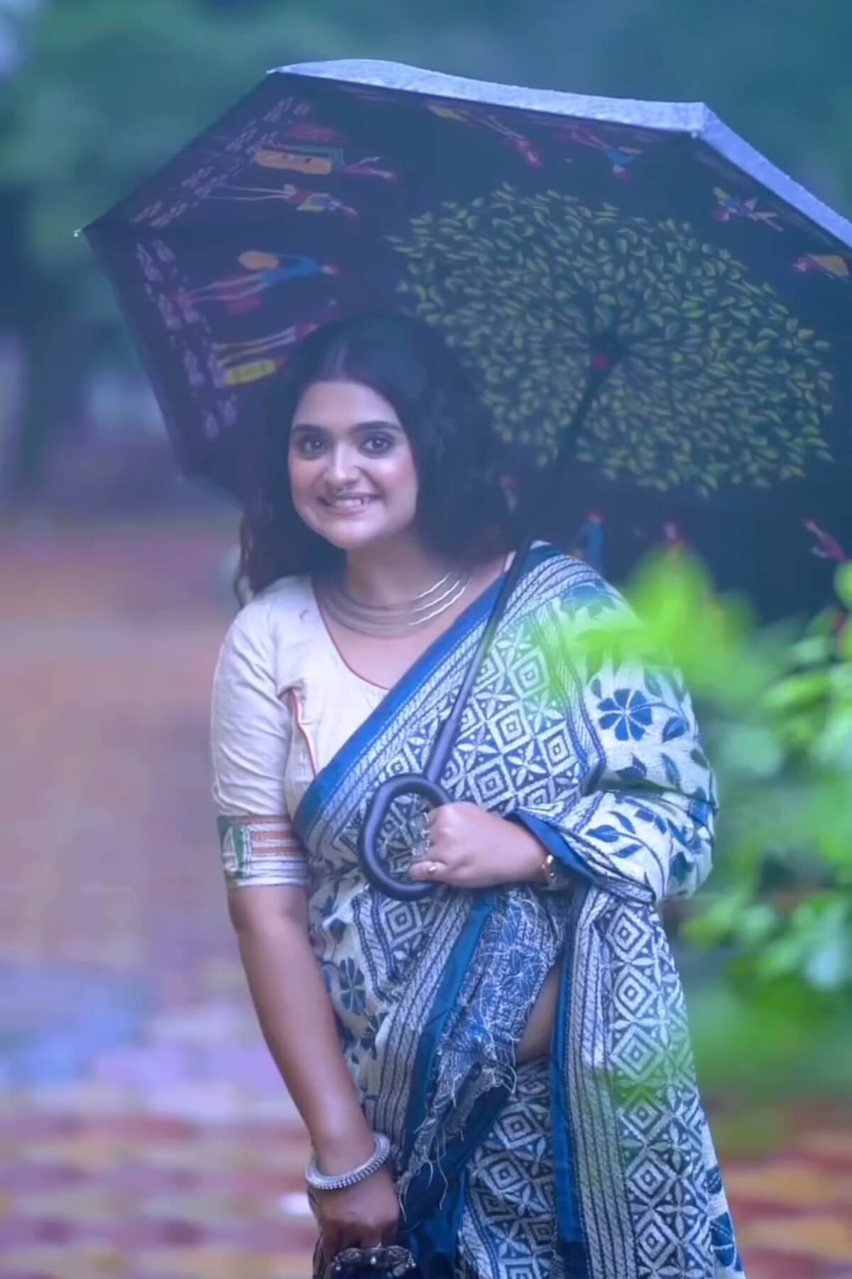 Nemesis 1 Minute Ready To Wear Beige And Blue Mul Cotton Digital Printed Saree