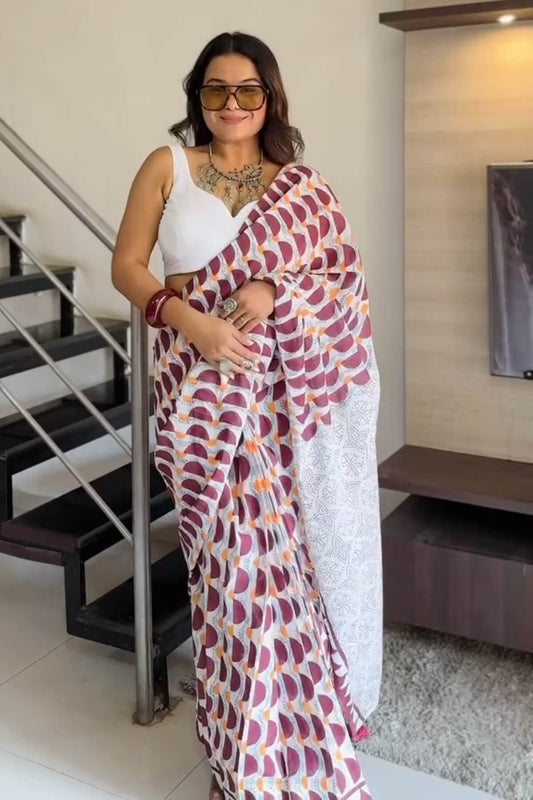 Fancifull 1 Minute Ready To Wear Off White Mul Cotton Digital Printed Saree
