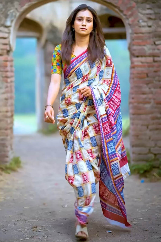 Smashing 1 Minute Ready To Wear Beige Mul Cotton Digital Printed Saree