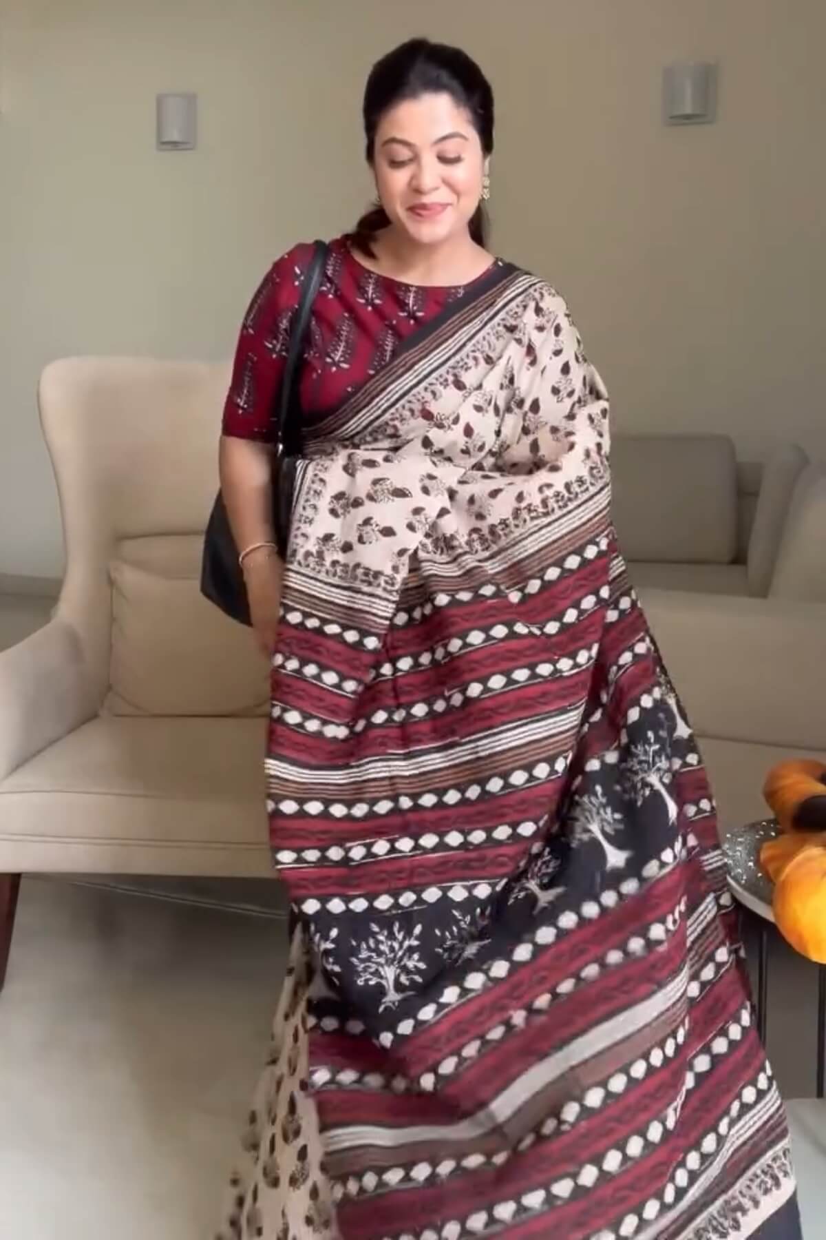 Prodigal 1 Minute Ready To Wear Beige Mul Cotton Digital Printed Saree