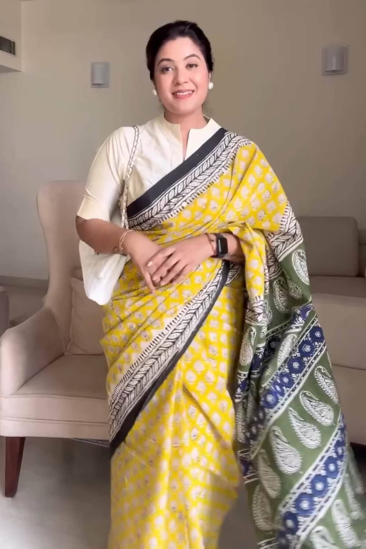 Groovy 1 Minute Ready To Wear Yellow Mul Cotton Digital Printed Saree