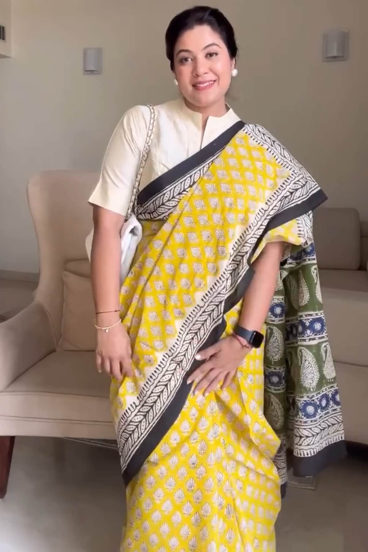 Groovy 1 Minute Ready To Wear Yellow Mul Cotton Digital Printed Saree