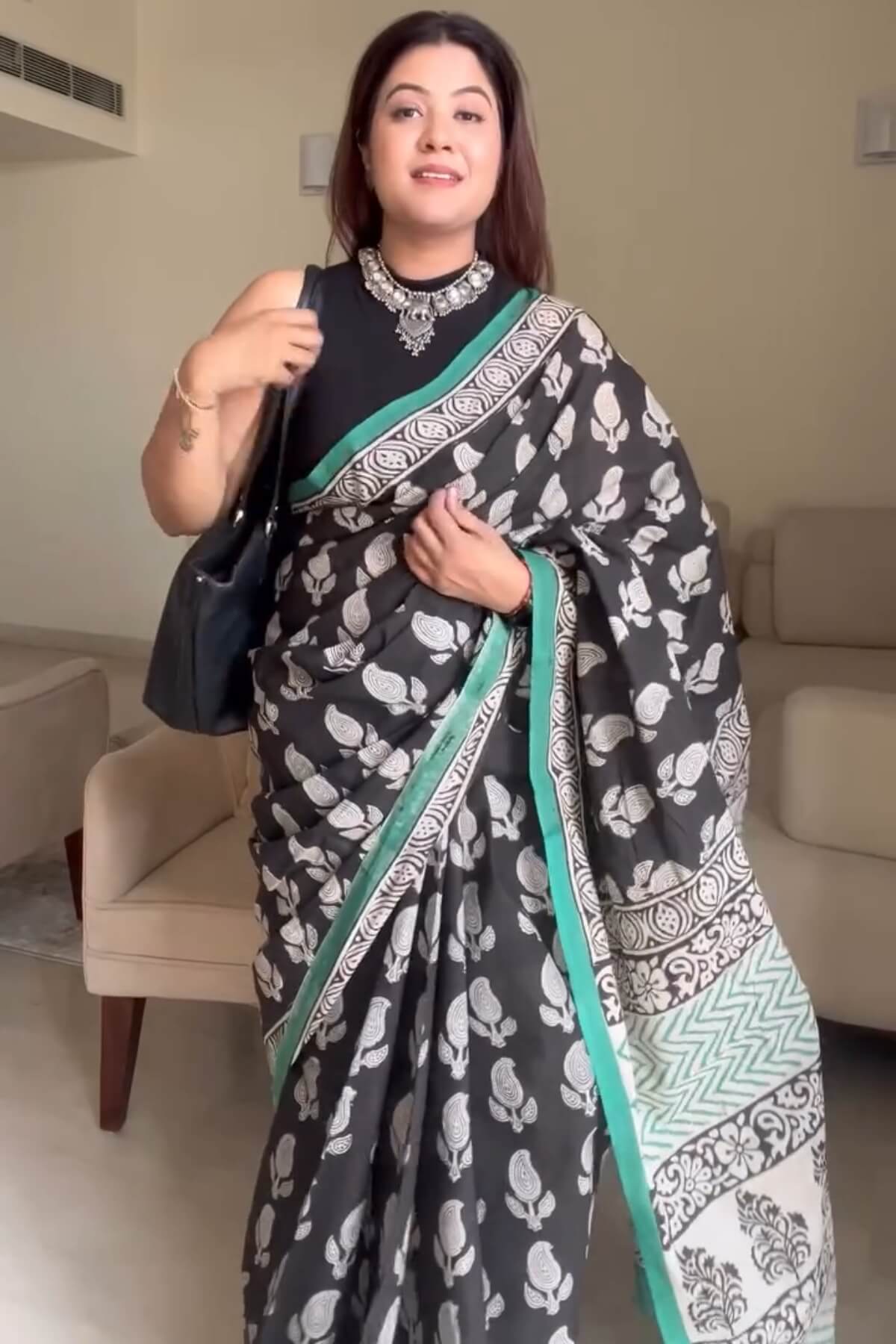 Opulent 1 Minute Ready To Wear Black Mul Cotton Digital Printed Saree