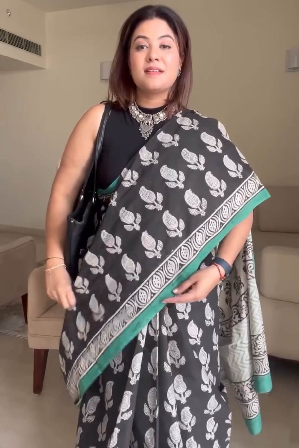 Opulent 1 Minute Ready To Wear Black Mul Cotton Digital Printed Saree