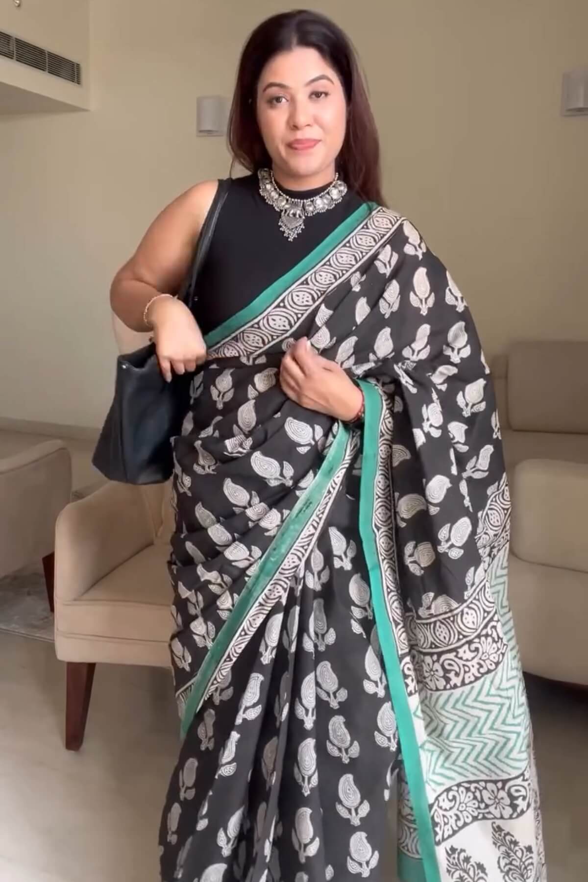 Opulent 1 Minute Ready To Wear Black Mul Cotton Digital Printed Saree