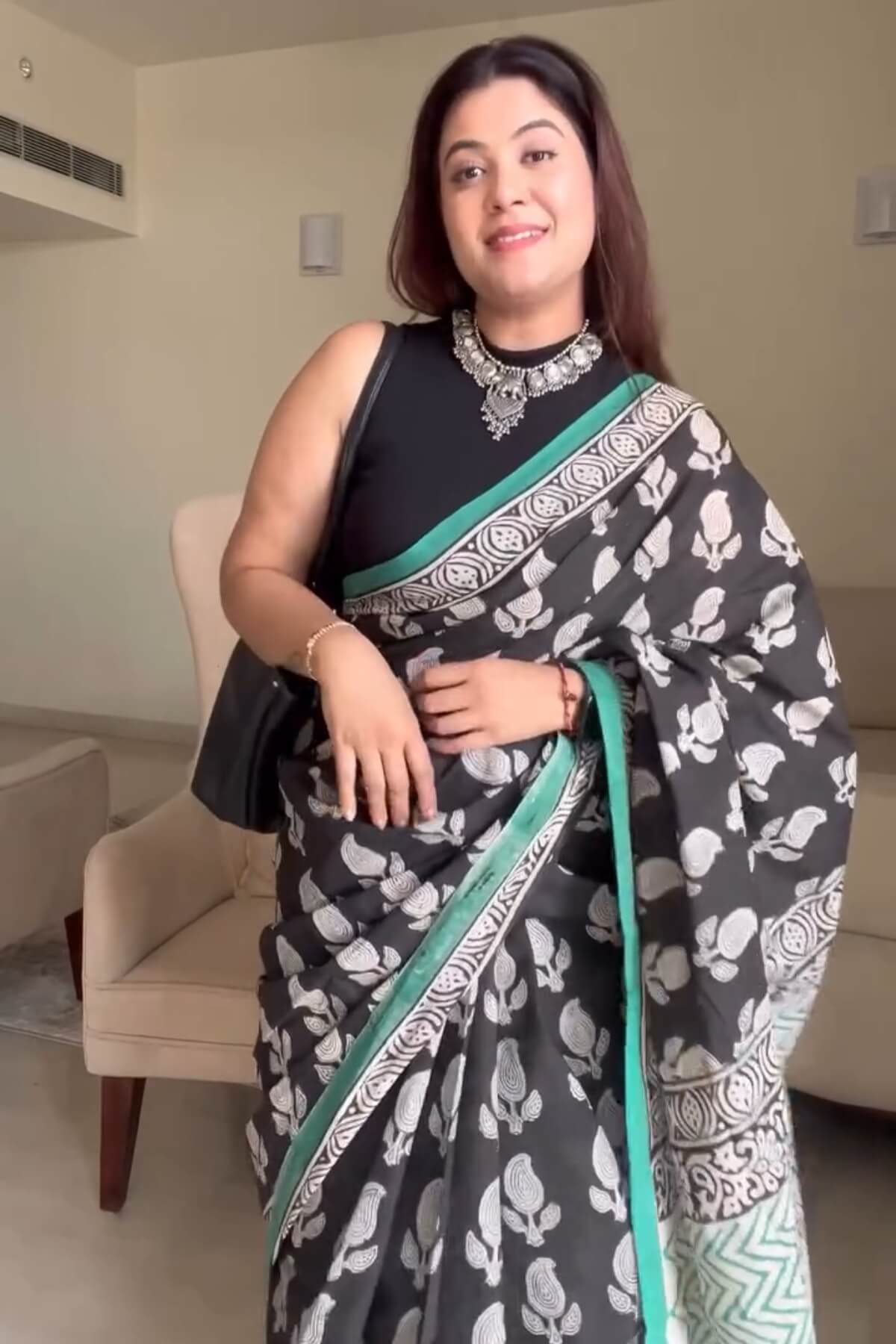 Opulent 1 Minute Ready To Wear Black Mul Cotton Digital Printed Saree