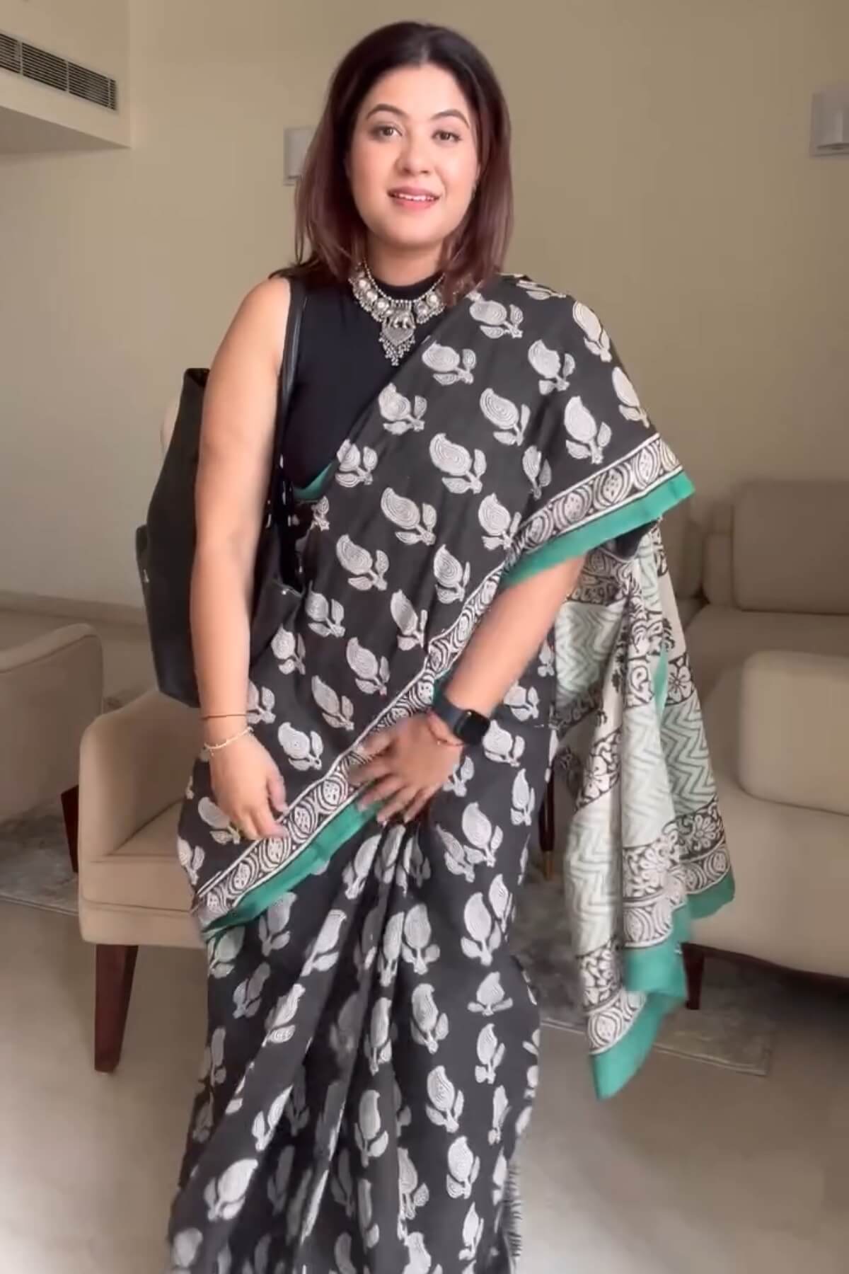 Opulent 1 Minute Ready To Wear Black Mul Cotton Digital Printed Saree