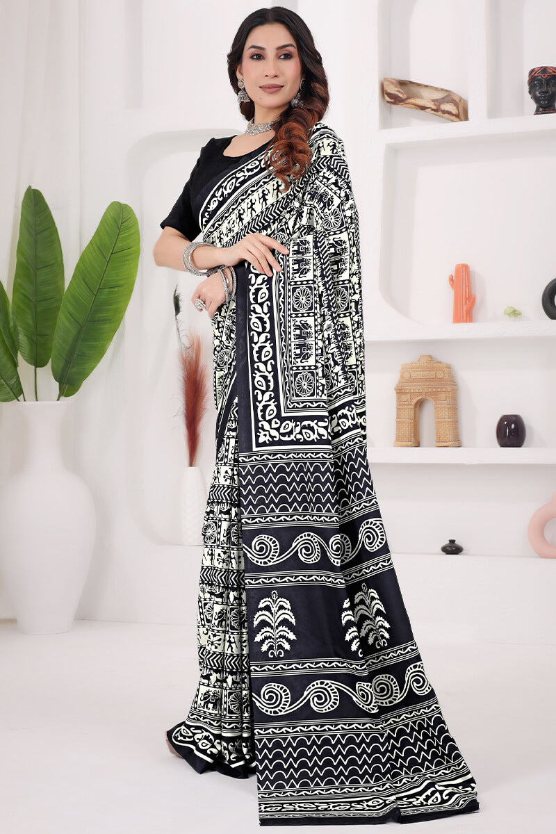 Classy Black 1 Minute Ready To Wear Digital Printed Crape Silk Saree
