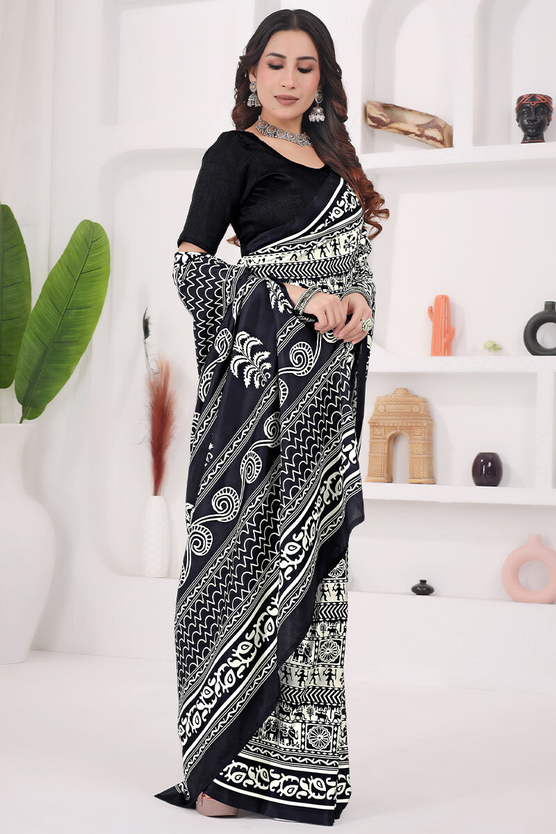 Classy Black 1 Minute Ready To Wear Digital Printed Crape Silk Saree