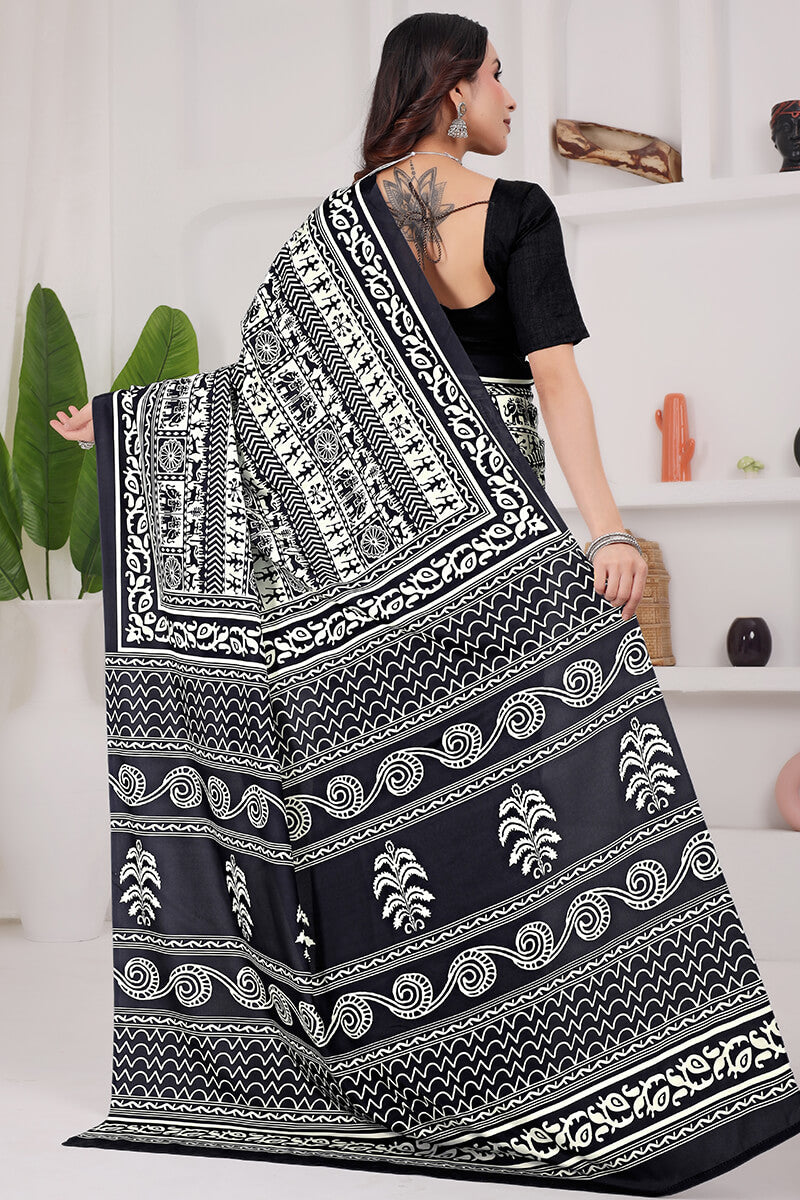 Classy Black 1 Minute Ready To Wear Digital Printed Crape Silk Saree