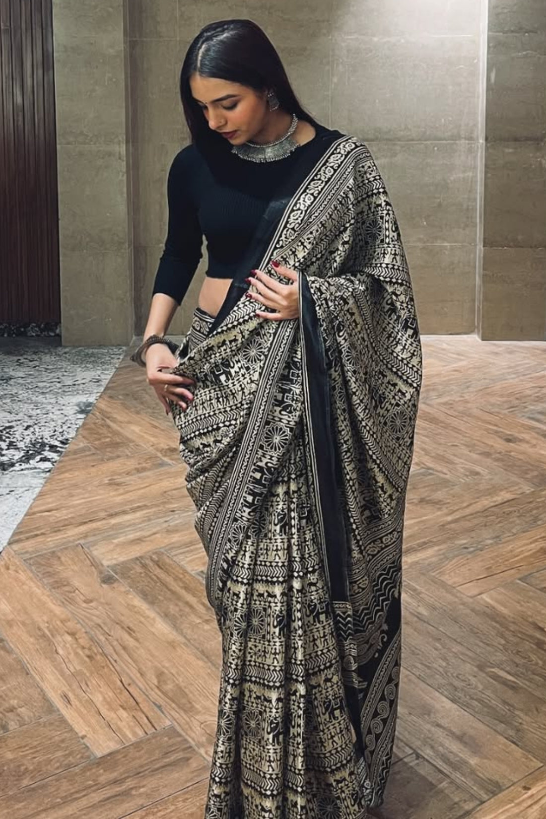 Adorning Black 1 Minute Ready To Wear Digital Printed Crape Silk Saree