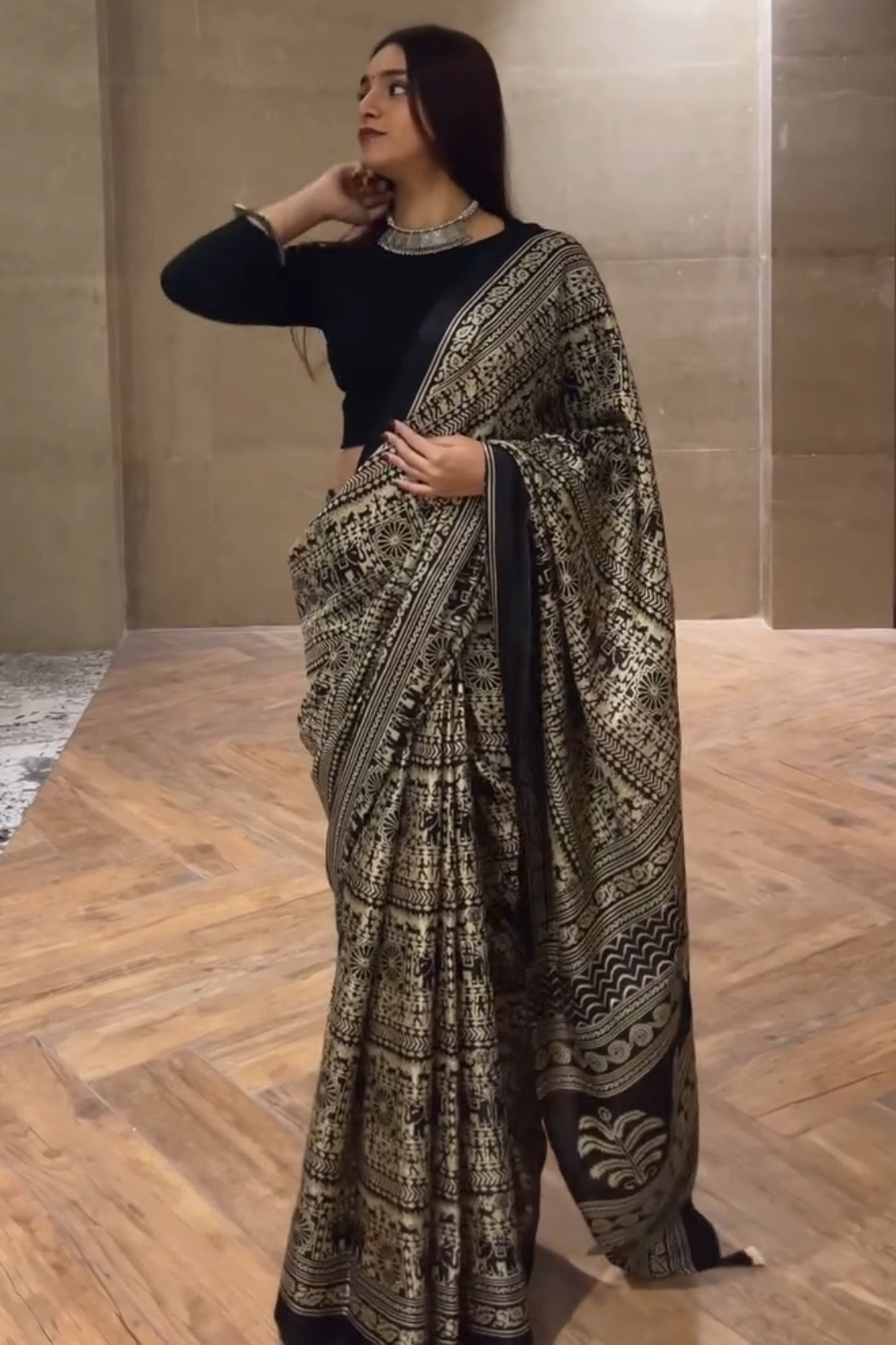 Adorning Black 1 Minute Ready To Wear Digital Printed Crape Silk Saree