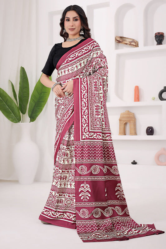 Twirling Maroon 1 Minute Ready To Wear Digital Printed Crape Silk Saree