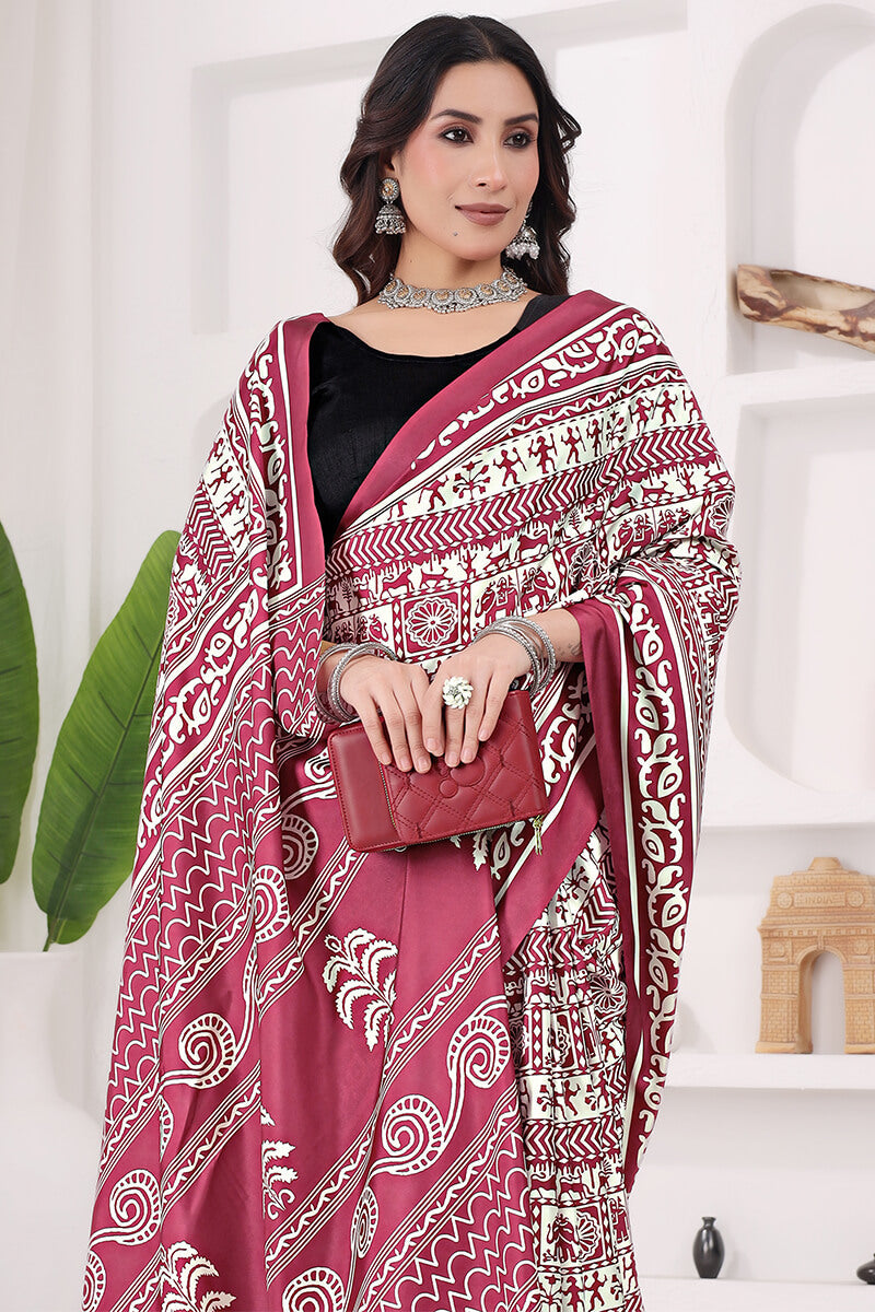 Twirling Maroon 1 Minute Ready To Wear Digital Printed Crape Silk Saree