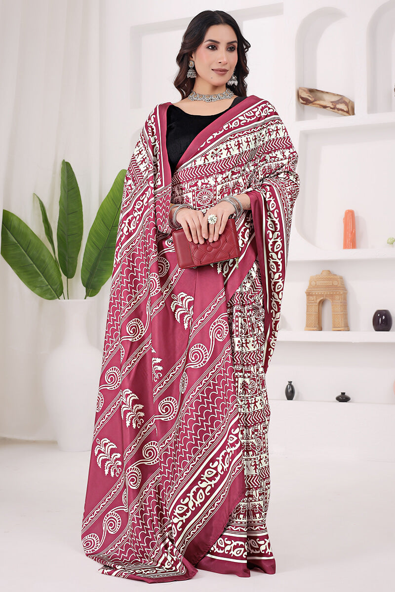 Twirling Maroon 1 Minute Ready To Wear Digital Printed Crape Silk Saree
