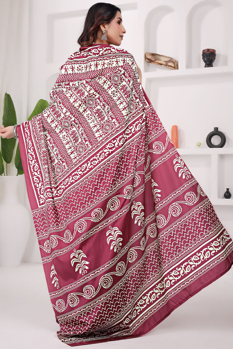 Twirling Maroon 1 Minute Ready To Wear Digital Printed Crape Silk Saree