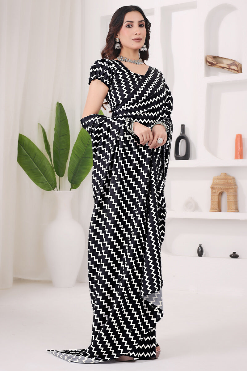 Pleasurable Black 1 Minute Ready To Wear Digital Printed Crape Silk Saree