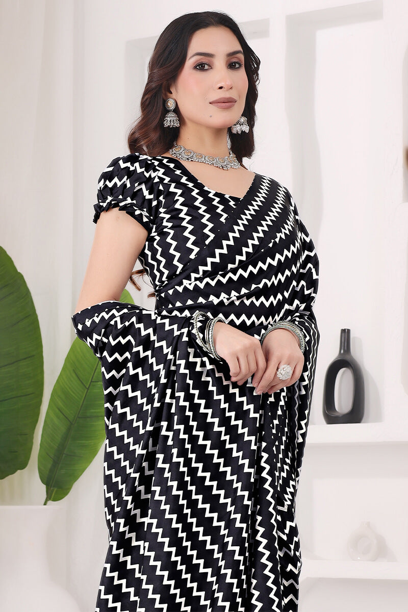 Pleasurable Black 1 Minute Ready To Wear Digital Printed Crape Silk Saree