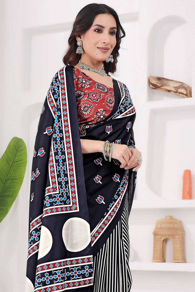 Outstanding Black 1 Minute Ready To Wear Digital Printed Crape Silk Saree