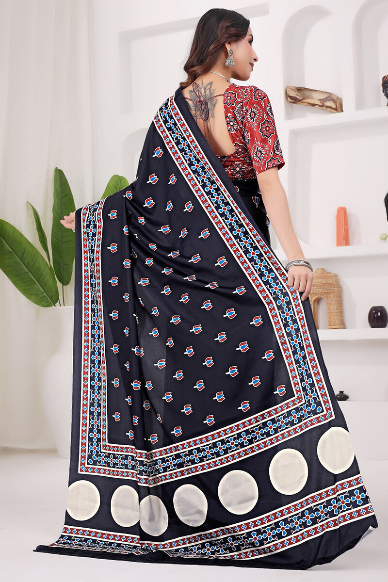 Outstanding Black 1 Minute Ready To Wear Digital Printed Crape Silk Saree