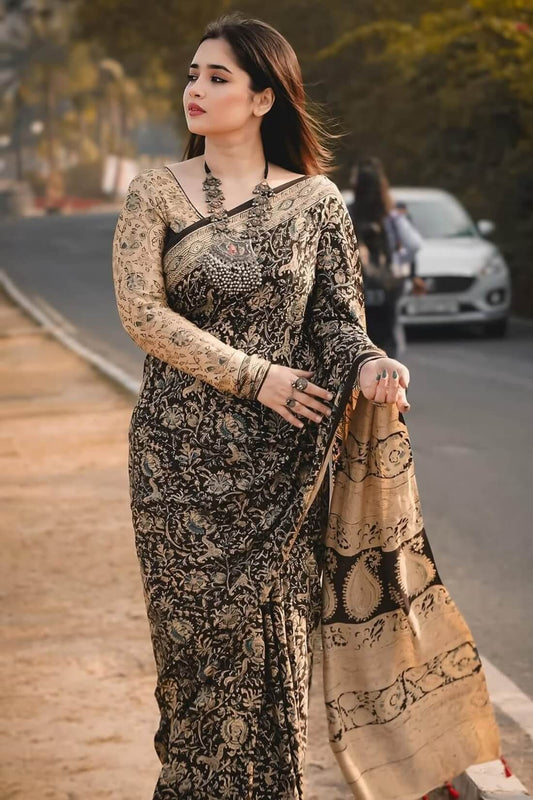 Gleaming Beige And Black 1 Minute Ready To Wear Digital Printed Crape Silk Saree