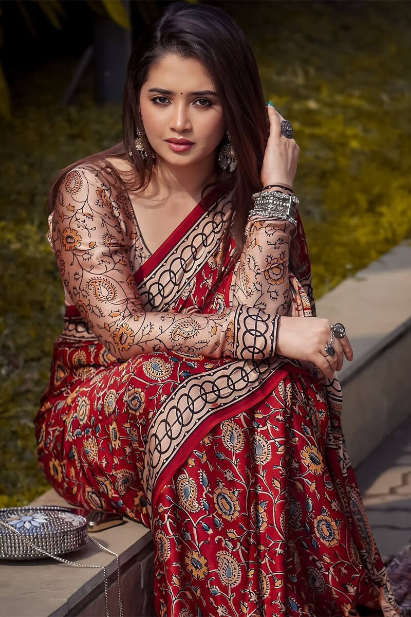 Moiety Red 1 Minute Ready To Wear Digital Printed Crape Silk Saree