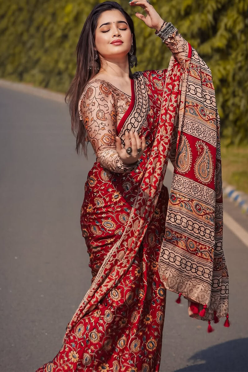 Moiety Red 1 Minute Ready To Wear Digital Printed Crape Silk Saree