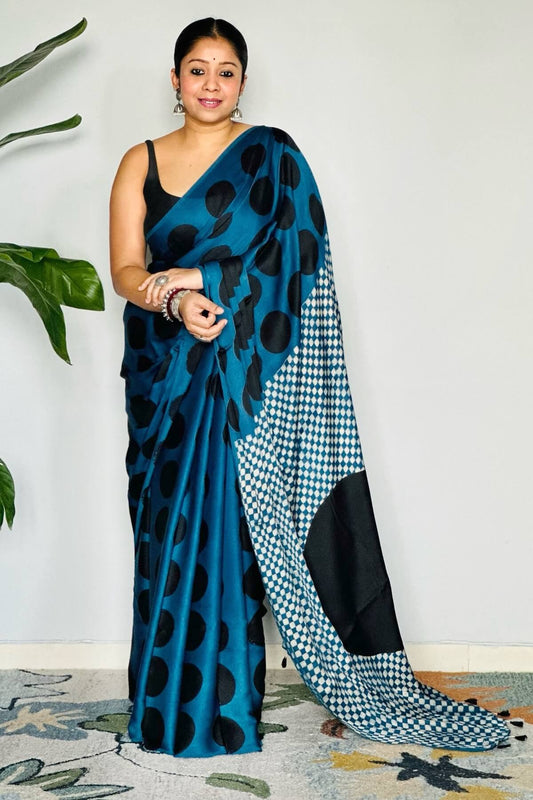 Imaginative Blue 1 Minute Ready To Wear Digital Printed Crape Silk Saree