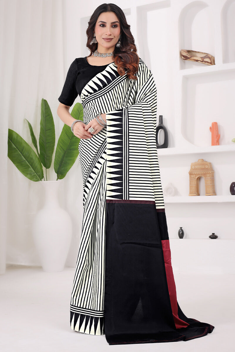 Scrumptious Off White 1 Minute Ready To Wear Digital Printed Crape Silk Saree