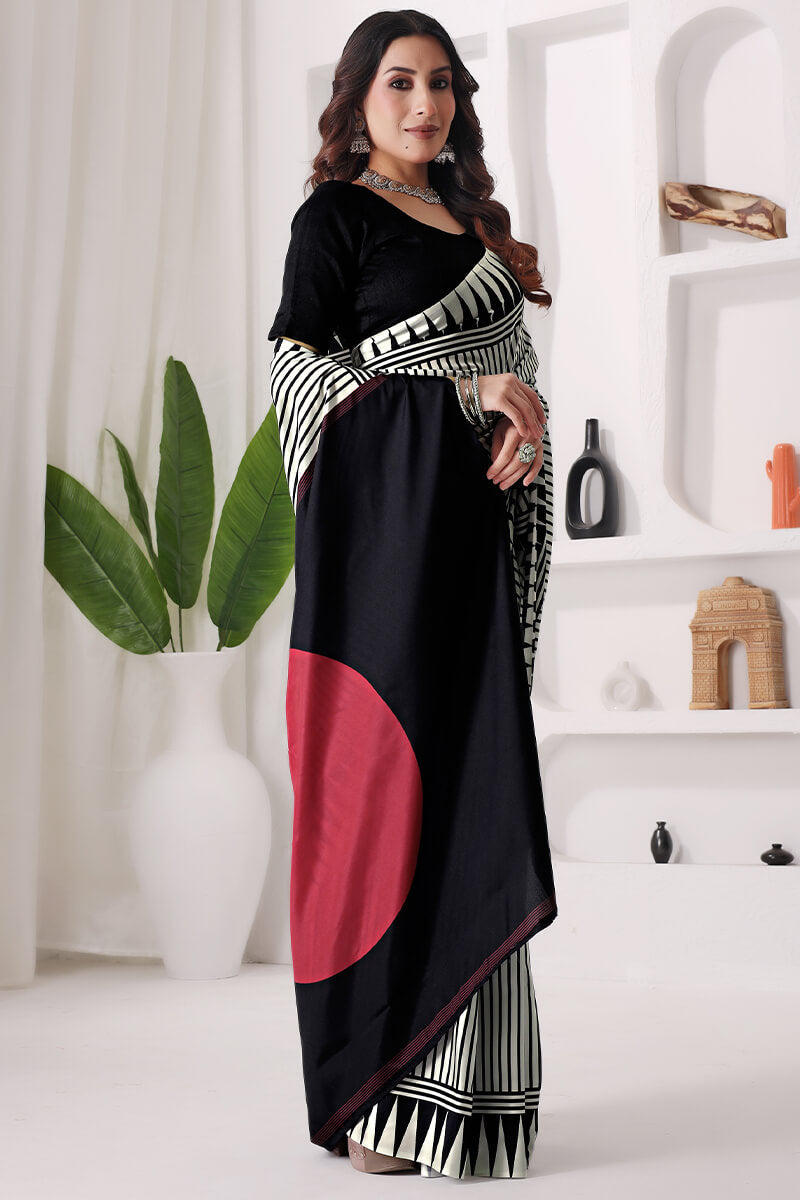 Scrumptious Off White 1 Minute Ready To Wear Digital Printed Crape Silk Saree