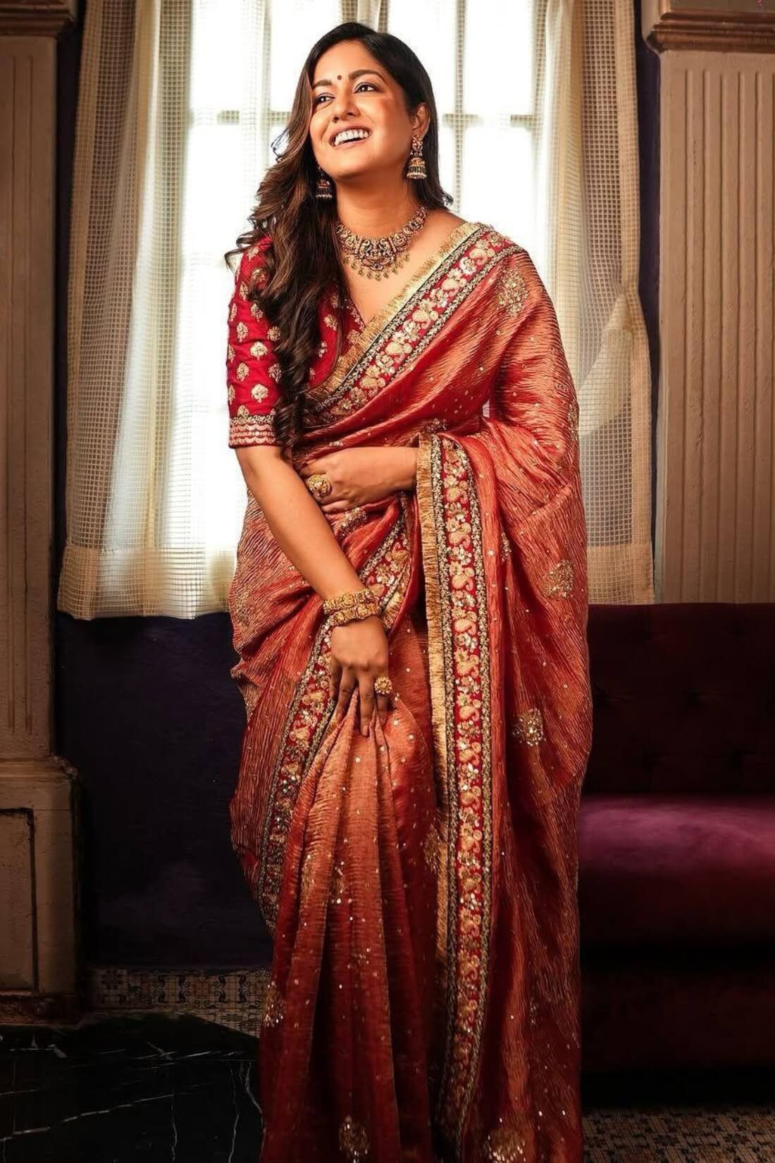 Prettiest Red Cursh Silk Saree With Mellifluous Blouse Piece